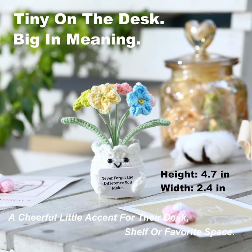 Cute Gifts for Women, Boss Day, Teacher Appreciation, Coworker & Nurse Thank You Gift, Desk Decor, 4.7 In H × 2.4 In W Forget-Me-Not Crochet Flower Potted Plant Gift B0F26ST99P
