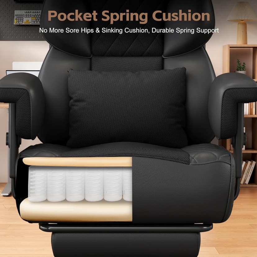 Vonesse Big and Tall Office Chair, Desk Chair with Soft Adjustable Armrests, Ergonomic High Back Gaming Chair with Lumbar Support, Executive Computer Chairs with Footrest (PU Leather, Black)