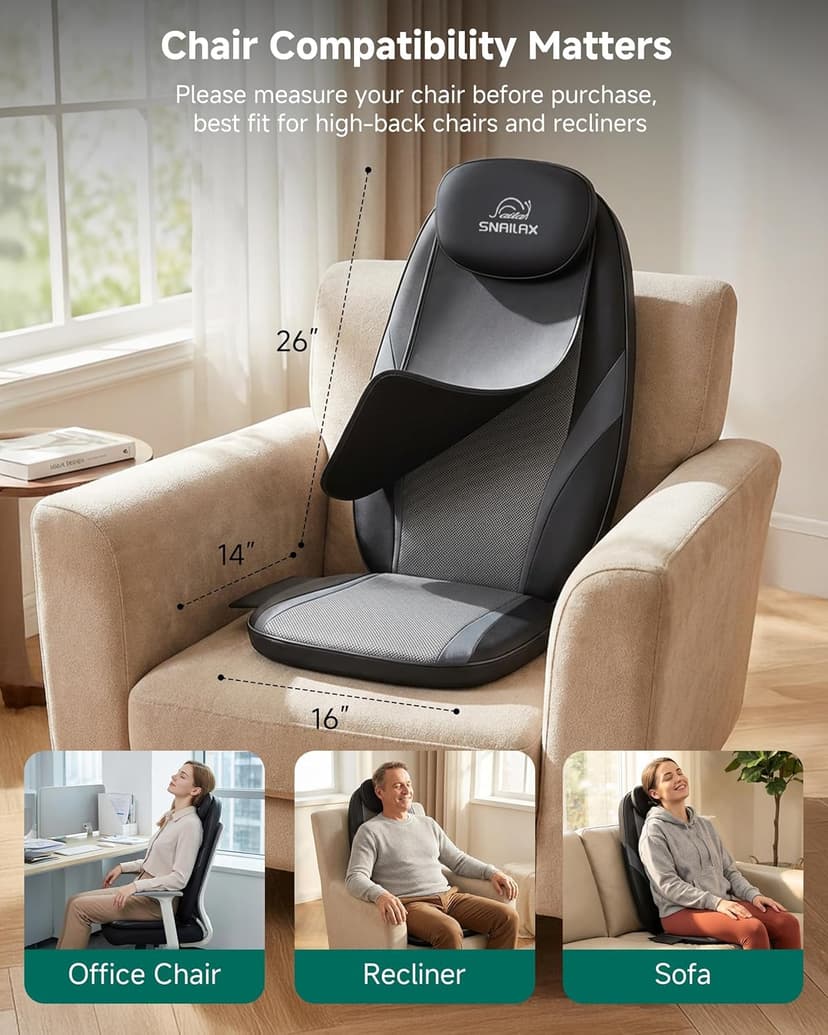 Snailax 2026 Upgraded Shiatsu Roller Back Massager with Heat Massage Chair Pad Kneading Back Massager for Pain Relief Deep Tissue Chair Massage Pad for Office Home