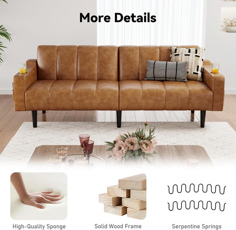 Brelice 80'' Leather Couch, Futon Sofa Bed, Faux Leather Couch with Adjustable Backrest, 2 Cup Holders & Side Pockets, Mid Century Modern Sofa for Living Room, Bedroom, Brown