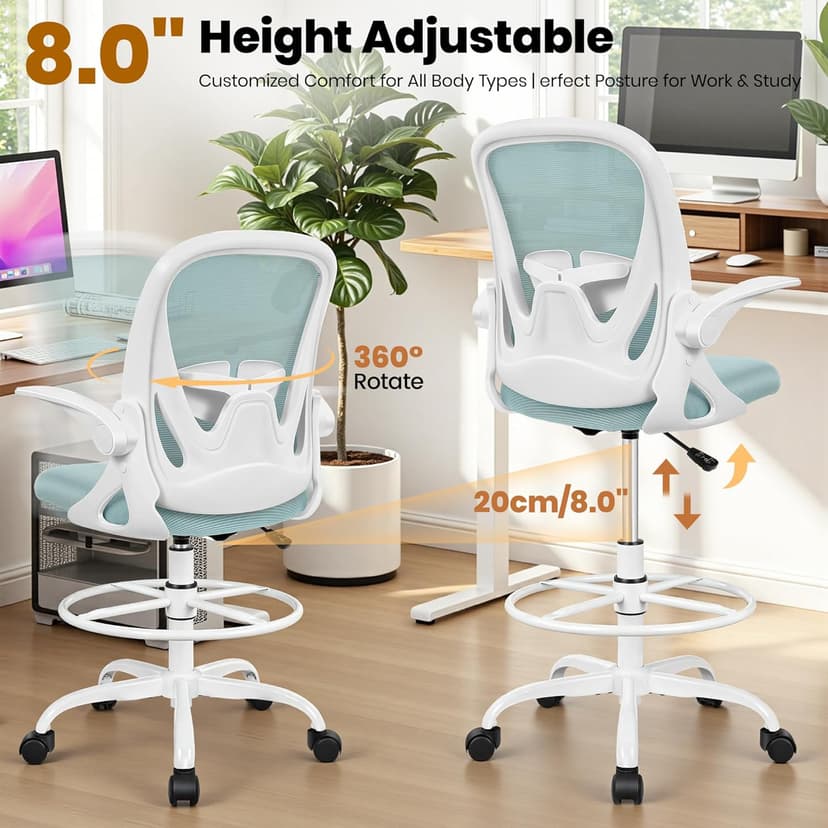 Primy Drafting Chair Tall Office Chair with Flip-up Armrests Executive Ergonomic Computer Standing Desk Chair with Lumbar Support and Adjustable Footrest Ring（Light Blue）
