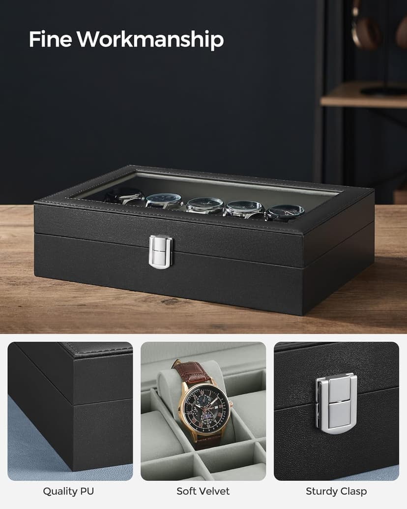 SONGMICS SONGMICS Watch Box, 12-Slot Watch Case Organizer with Large Glass Lid, Removable Pillows, Gift for Loved Ones, Black Synthetic Leather, Gray Lining UJWB12BK