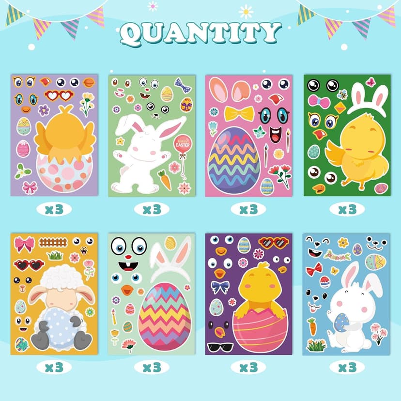 OHOME Easter Basket Stuffers for Kids - DIY Happy Egg Bunny Sticker Crafts Stickers for Toddlers,Kids Easter Gifts Decor Treats Games Toys Activities Party Favor Supplies(24 Sheets) B0CQ2MRY7Z