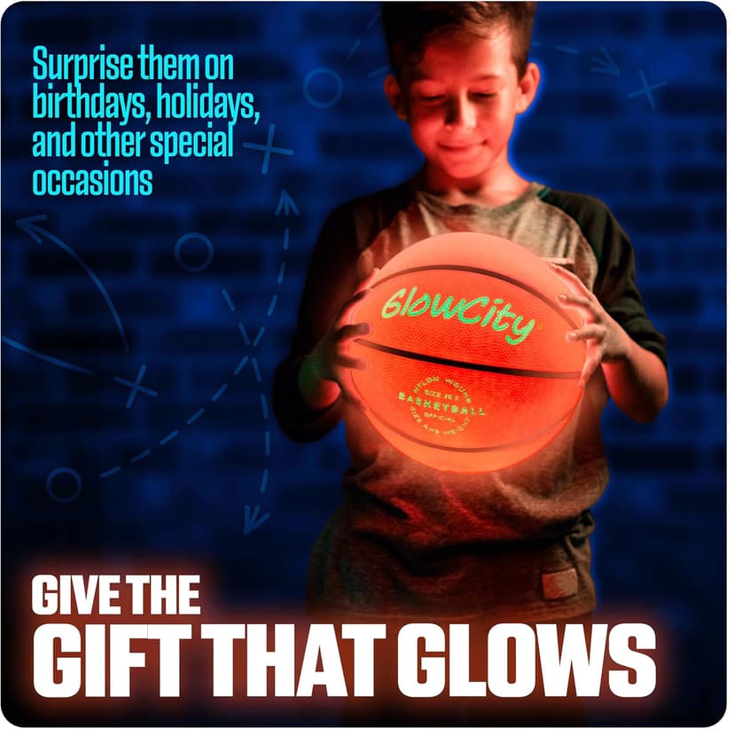 GlowCity Glow in The Dark Basketball - Sizes 5, 6, 7 Light Up Ball for Kids, Teens & Adults - Red Glow for Outdoor Games - Sports Birthday Gifts Ideas for Boys Ages 6 7 8 9 10 11 12 13 14