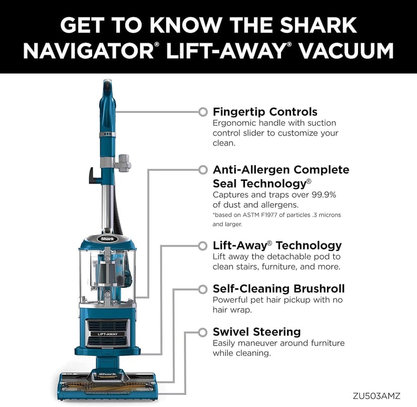 Shark Upright Vacuum, Navigator Lift-Away with Self-Cleaning Brushroll, HEPA Filter, Swivel Steering, Upholstery Tool & Pet Crevice Tool, Perfect for Pets & Multi-Surface, Teal, ZU503AMZ