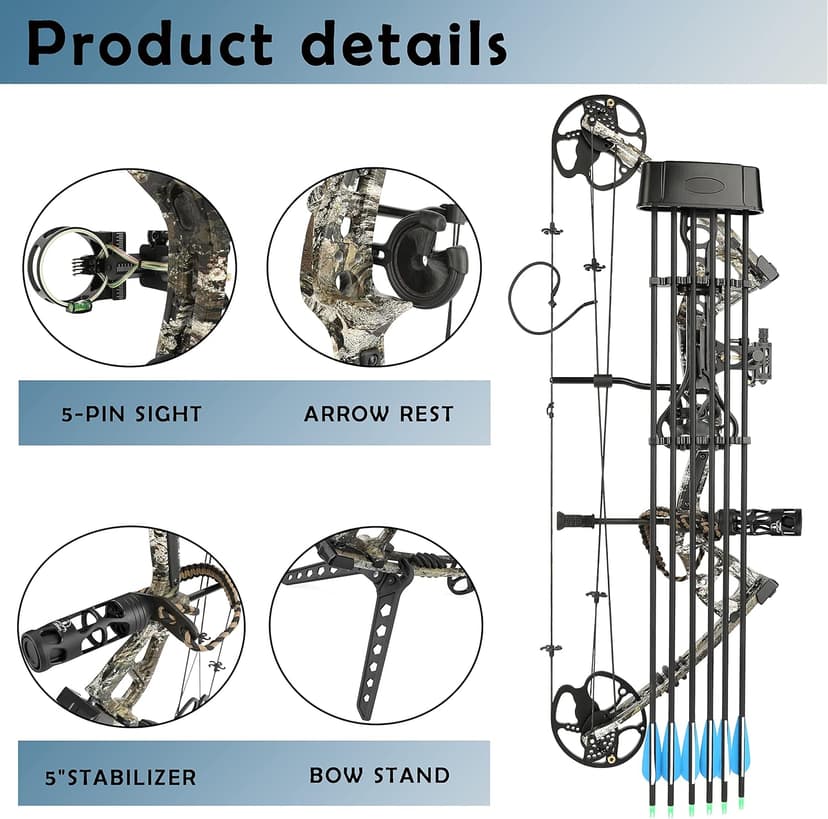 Compound Bow Kit, Hunting & Targeting, Limb Made in USA, Draw Weight 0-70 lbs Adjustable, Draw Length 9”-31",up to IBO 325FPS Speed, Package with Archery Hunting Accessories