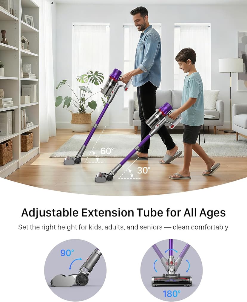 Cordless Vacuum Cleaner - Powerful Stick Vacuum with HEPA Filter, 55-Min Runtime, LED Light, Anti-Tangle Brush, Detachable Battery, Lightweight for Home, Pet Hair, Carpets & Hard Floors