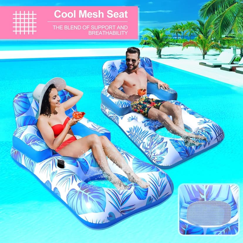 Pool Floats Adult, Pool Floaties with Cup Holder and Phone Holder, Pool Lounger Float with Headrest, Backrest and Footrest, 65" Thicken PVC Inflatable Pool Float for Adult Pool Party Beach Cool