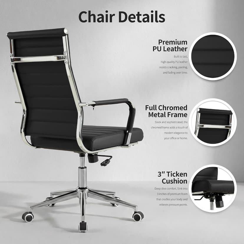 Okeysen Office Desk Chair, Ergonomic Leather Modern Conference Room Chairs, Executive Ribbed Height Adjustable Swivel Rolling Chair for Home Office. (Black)