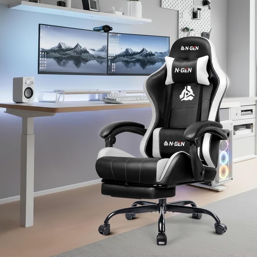 N-GEN GAMING Video Gaming Chair with Footrest Lumbar Support for Home Office High Back Recliner Height Adjustable Ergonomic Comfy Leather Computer Desk Chair (White)