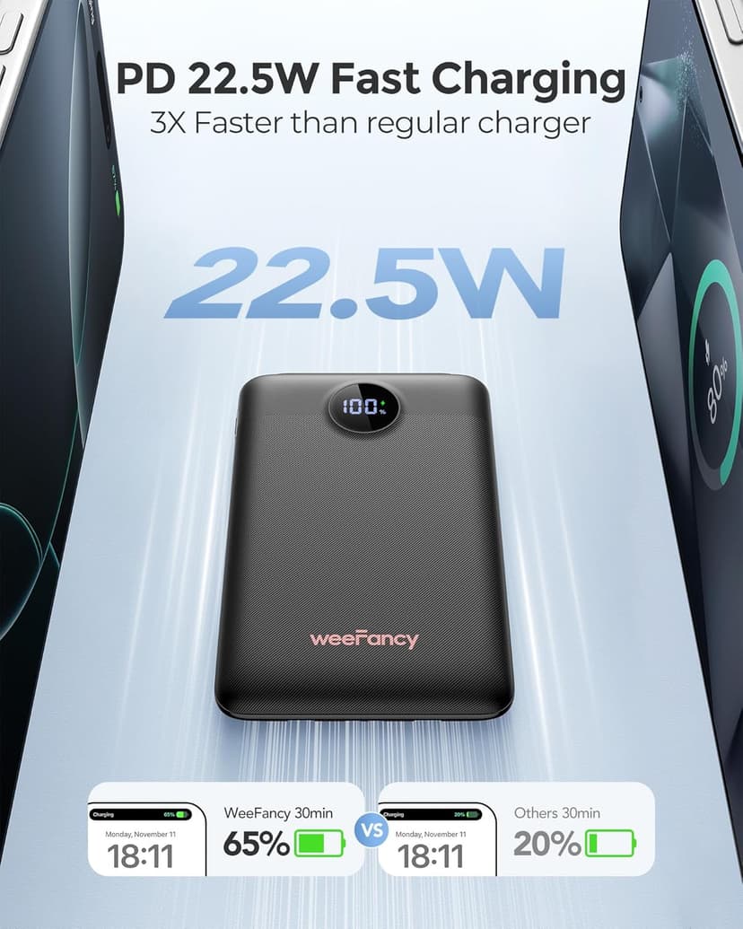 Mini Portable Charger with Built-in Cables 22.5W Fast Charging Power Bank USB-C Small Battery Pack 10000mAh Travel Essential Slim Battery for iPhone 17/16/15/14, Samsung 25/24, and More