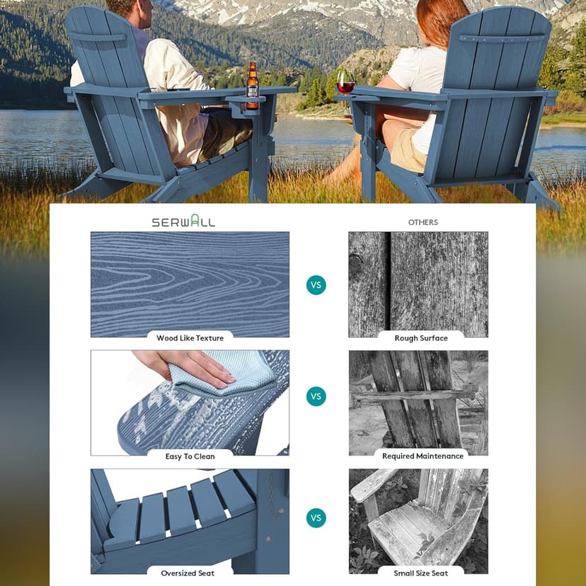 SERWALL Folding Adirondack Chair, HDPE Adirondack Chairs Set of 2, Plastic Outdoor Chairs- Looks Exactly Like Real Wood- Navy