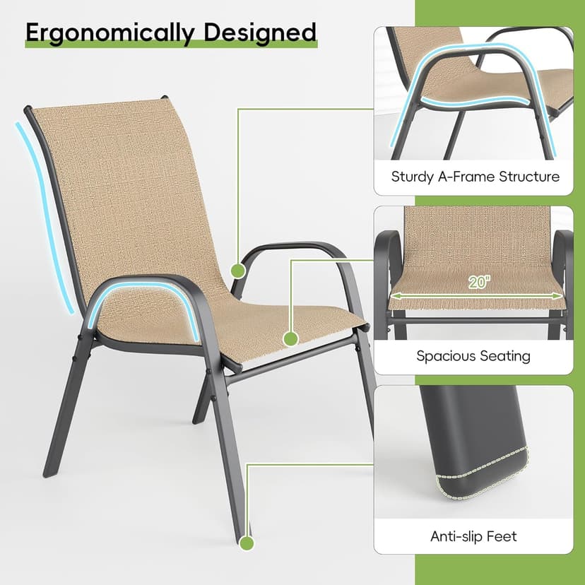 Patio Chairs Set of 4, Outdoor Dining Chairs Stackable for All Weather, Breathable Metal Modern Outside Furniture Chair for Pool Side, Garden, Backyard Deck, Brown