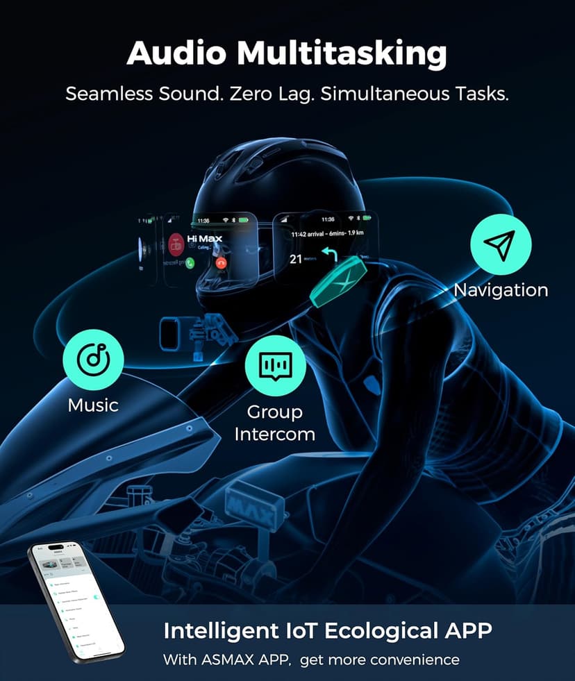 ASMAX F1s Motorcycle Bluetooth Headset With Smart Voice Control, 10 Riders Mesh Helmet Communication Systems, Dual Chip with Audio Multitasking/ENC/No-Magnet Mount, 5mi Intercom for Snowmobile, 2 Pack