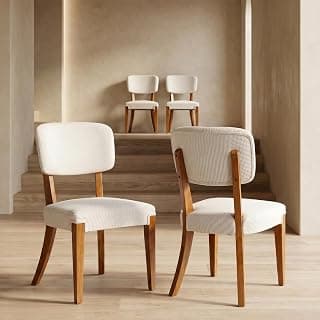 OVENTA Modern Armless Dining Chairs Set of 4, Mid-Century Contemporary Side Chairs with Solid Rubber Wood Legs, Beige Upholstered Fabric Accent Chairs for Dining Room, Kitchen, Living Room