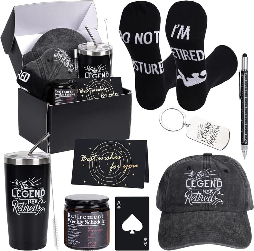 Kolewo4ever 9 Pcs Retirement Gifts for Men Christmas Gifts for Men 2025 Happy Retirement Gift for Coworker,Teachers,Dad,Grandpa Best Retire Gift Box with Insulated Tumbler Baseball Cap Socks
