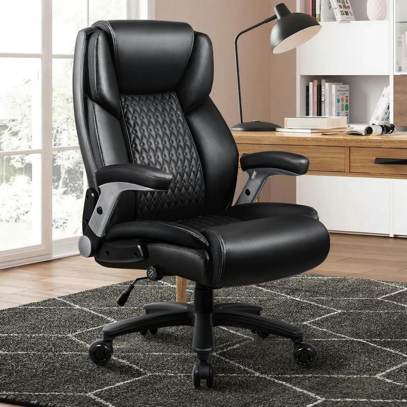 VITESSE 600lbs Big and Tall Office Chair with Flip up Armrest, Large Heavy Duty with Ergonomic Lumbar Support, Executive Office Chair for Heavy People with Quiet Rubber Wheel(Black)