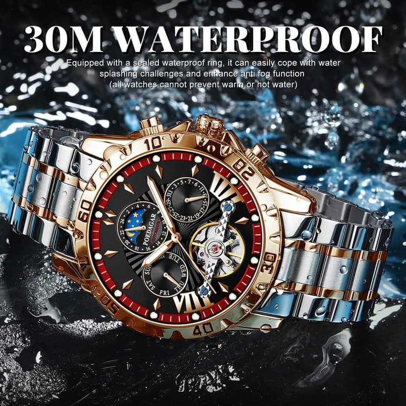 FORSINING Mechanical Men's Watch, Moon Phase Tourbillon Automatic Self-Wind Wristwatch, Luxury Stainless Steel Band 43mm Big Dial Mens Wrist Watch with 3 Sub Dial