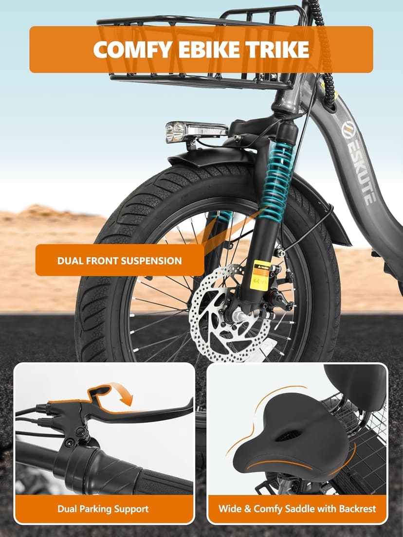 T300 Adults Electric Trike Bike, 1200W Peak Motor & 624Wh Removable Battery,18x3.0 Fat Tire Foldable 3-Wheel E-Bike with Step-Thru Design, Up to 65 Miles, Gift for Parents