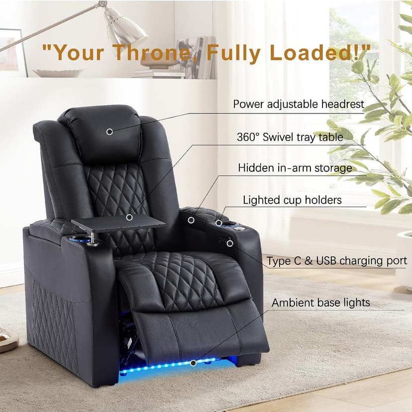 comfiroom Leather Home Theater Seating, Classic Series Game Seats Movie Theater Chairs Recliner Sofa with Type-C USB Charger Port, Bedroom Sofa Chair for Living Room (Black, Row of 1)