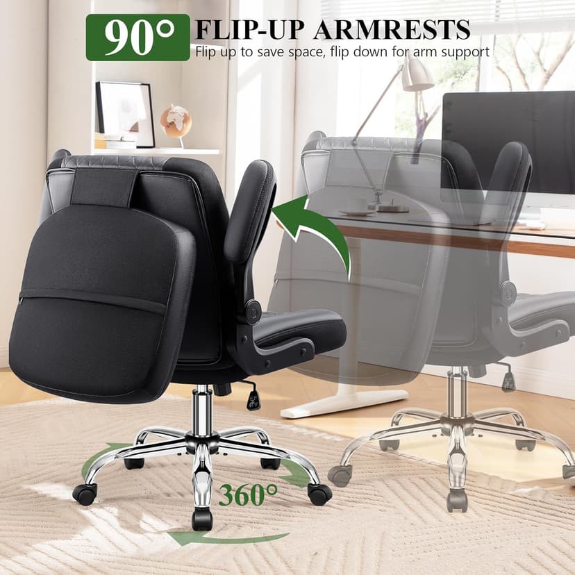 Criss Cross Office Chair with 2-in-1 Flip Backrest – Ergonomic PU Leather Floor Sitting Chair, Adjustable Height, 360° Swivel & Flip-Up Arms, Extra-Wide Seat for Home Office, Vanity, Nail Salon-Black