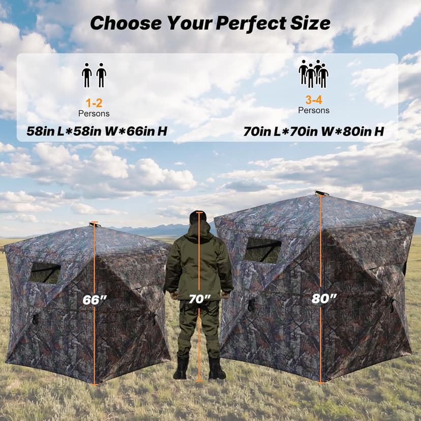 Hunting Blind 360 Degree See Through, 2-3 & 3-4 Person Pop Up Ground Blind for Deer and Turkey, Portable Camouflage Tent with Quiet Zipper Door and Carrying Bag