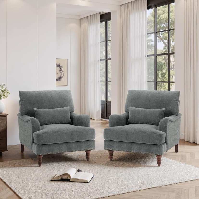 Accent Chairs Set of 2, Upholstered Roll Armchair for Living Room, Comfy Club Chair with Lumbar Pillow in Chenille Reading Chair for Bedroom Small Spaces-Gray