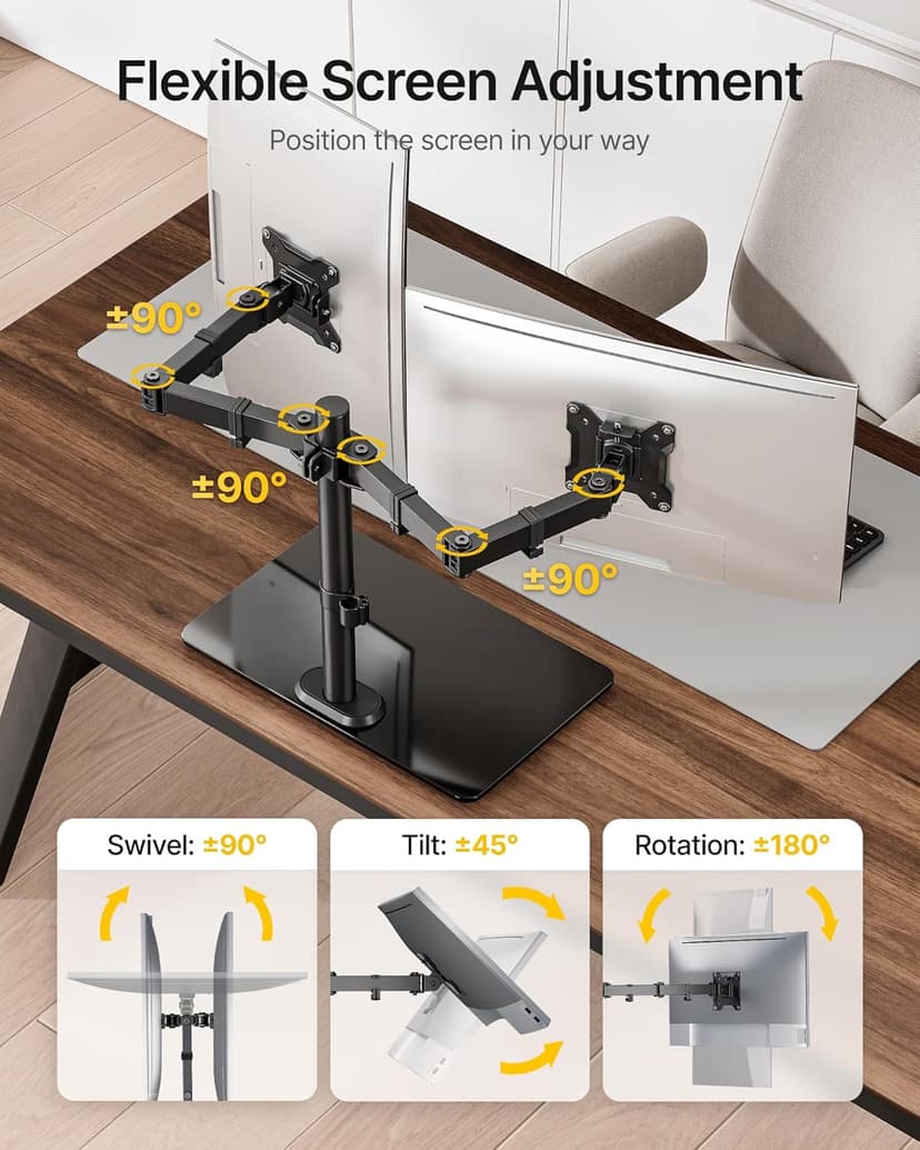 monTEK Freestanding Dual Monitor Stand with Sleek Glass Base for 17-32 inch Screens, Heavy-Duty Dual Monitor Mount Holds 22 lbs per Arm, Fully Motion Height Adjustable, VESA 75/100 MM