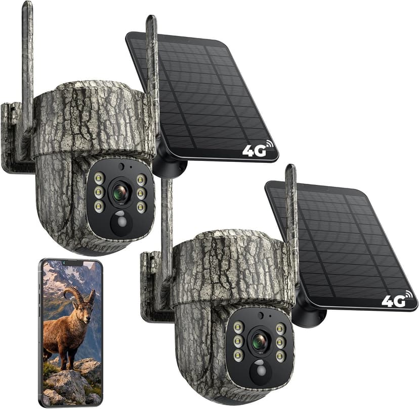 4G LTE Cellular Trail Camera, 360° Live Streaming Solar Game Camera 2.5K SIM Card Included, Auto Tracking Security Cameras Wireless Outdoor with Night Vision, Motion Activated for Outdoor, 2 Pack