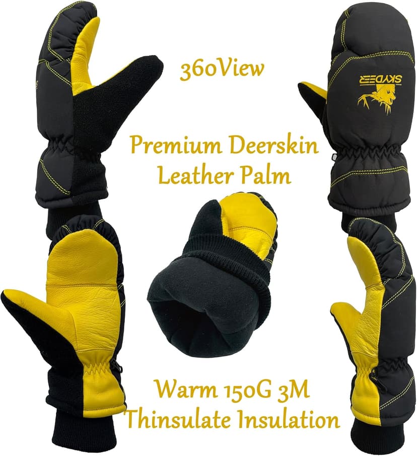 SKYDEER Warm Ski Mittens with Soft Premium Deerskin Leather and 150G 3M Thinsulate Insulation (SD8753M, Unisex)