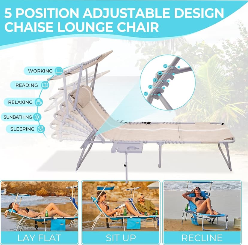 #WEJO 4-in-1 Tanning Chair with Face Hole and Side Table - 5-Position Face Down Folding Chaise Lounge with Canopy Shade & Cup Holder - Portable Heavy Duty Tanning Bed for Beach, Pool, Patio (Khaki)
