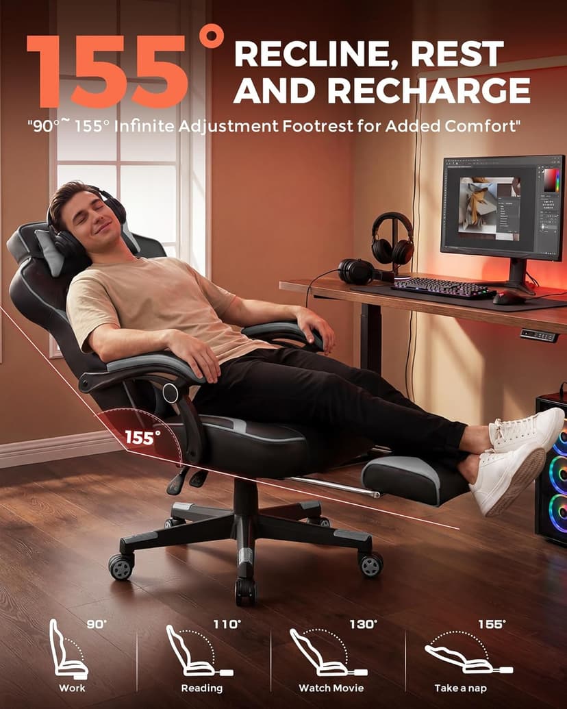 GTPLAYER Gaming Chair for Adults, Big and Tall 350LBS Heavy Duty Office Chair, Ergonomic High Back Lumbar Support and Recliner for Back Pain Relief, Sky Gray