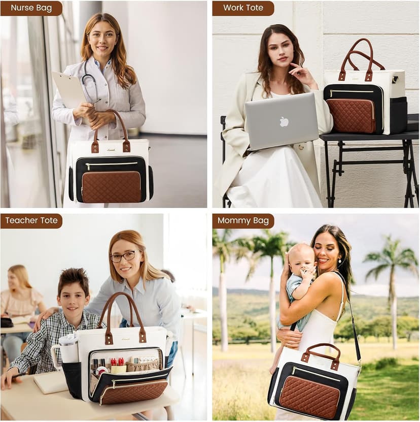 LOVEVOOK Teacher Tote Bag for Women Work, Laptop Bag With Large Cup Holder, Nurse Bags Professional Briefcase Business Computer Purses Bible Handbag Gifts, Black-Beige-Brown, 15.6 Inch B0DTDWKCCF