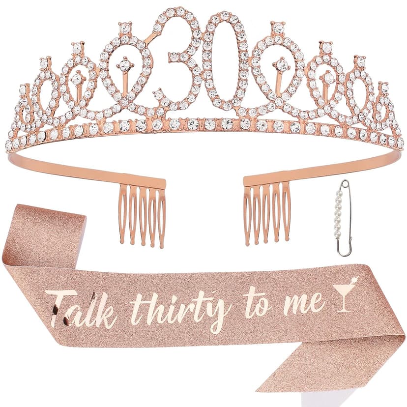 30th Birthday Sash & Tiara Kit- Happy 30th Birthday Decorations for Her 30th Gifts for Women (rose gold)