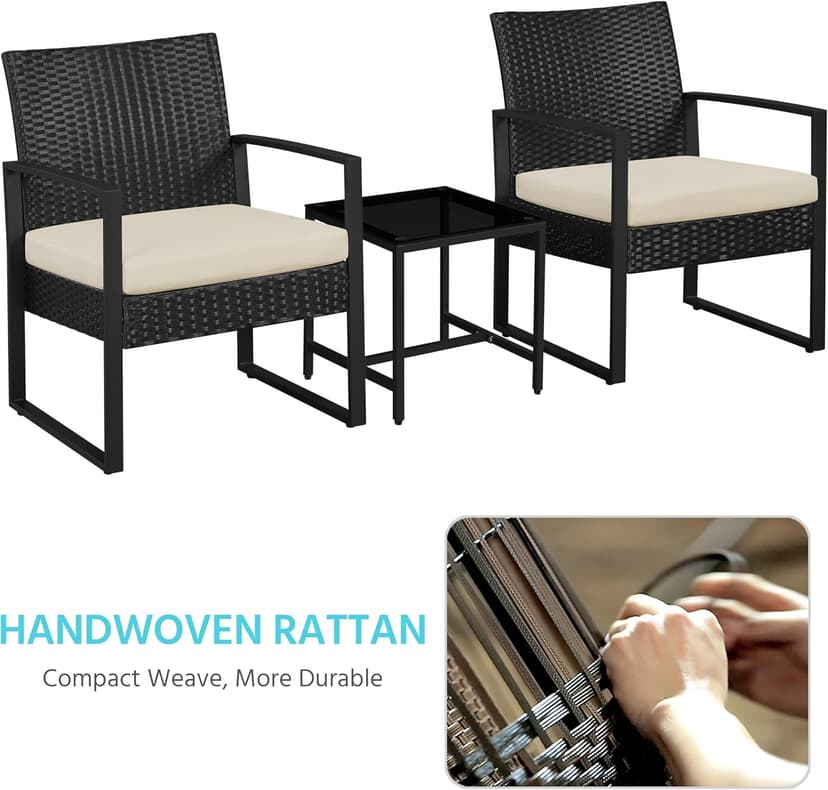 Yaheetech 3 Pieces Rattan Bistro Set, Outdoor Wicker Patio Modern Conversation Furniture, 2 Chairs & Tempered Glass Coffee Table for Garden, Balcony, Backyard, Poolside, Black/Beige