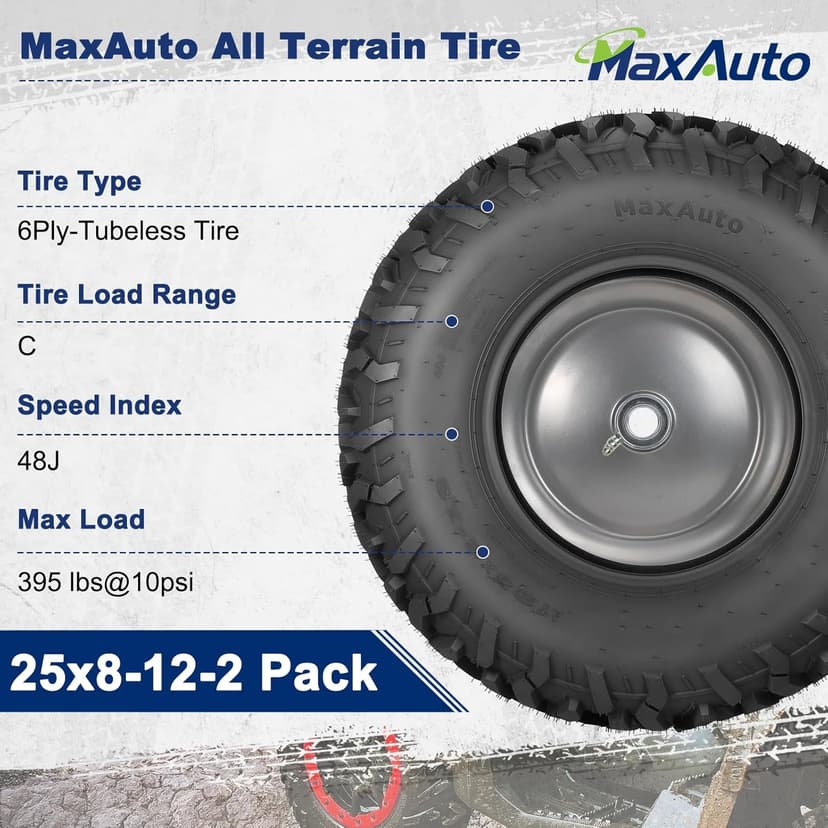 MaxAuto Set of 4 AT25x8-12 & AT25x10-12 ATV UTV Mud Sand Tires,25x8x12 Front & 25x10x12 Rear All-Terrain Off-Road Tires,6 PR, Tubeless,4 Pack in 2 Packages
