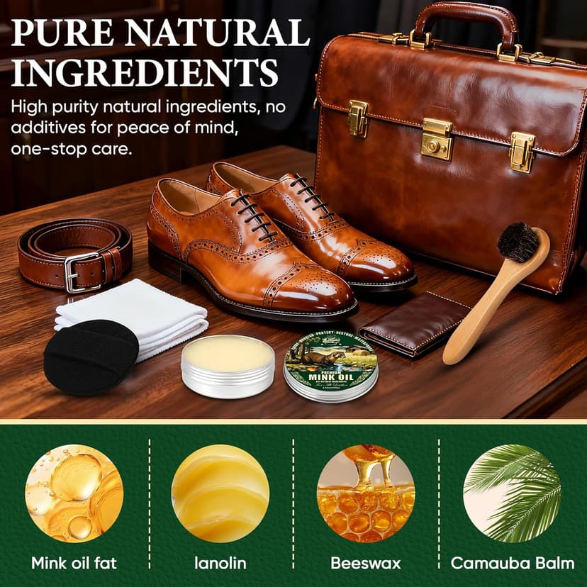 Awaydol 4-in-1 Mink Oil Leather Conditioner and Cleaner 3.52 oz - Premium Waterproof Formula for Leather Cowboy Boots,Shoes,Saddles & Bags with Horsehair Brush, Sponge & Microfiber Cloth