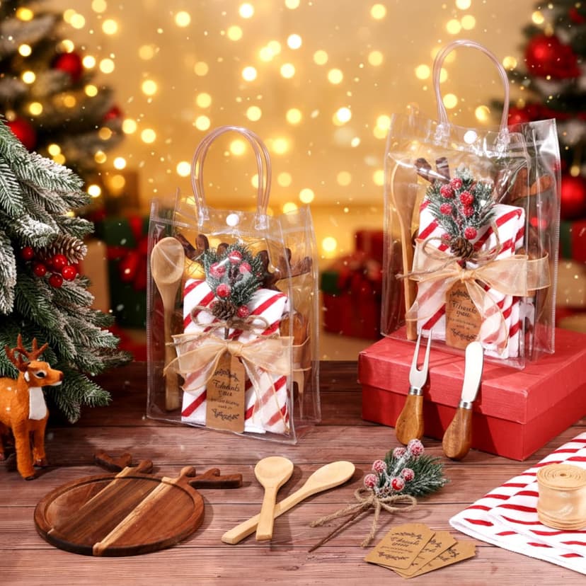 6 Set Christmas Kitchen Gifts Wood Cheese Board Fork Spoon Butter Spreaders Dish Cloth Thank You Card Ribbon and Gift Bags for Merry Christmas Cooking Serving Xmas Utensils Gifts (Reindeer)