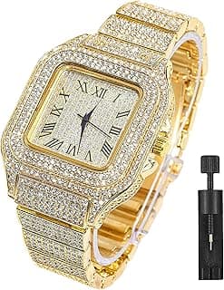 Apzzic Diamond Iced Out Watch CZ Gold Plated 40mm Width Roman Numerals Dial Quartz Wristband Watch for Men Women