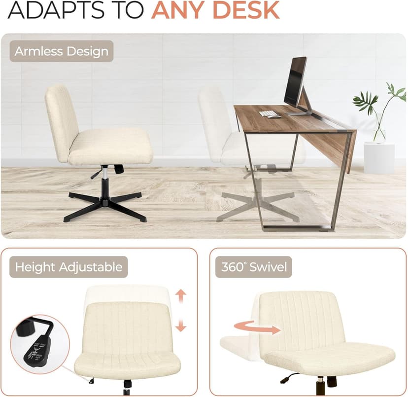 Orange Factory Criss Cross Chair No Wheel Wide Cross Legged Office Desk Vanity Chair Comfy Fabric Armless Adjustable Swivel for Home Computer Task (Beige No Wheel, Classic Fabric)