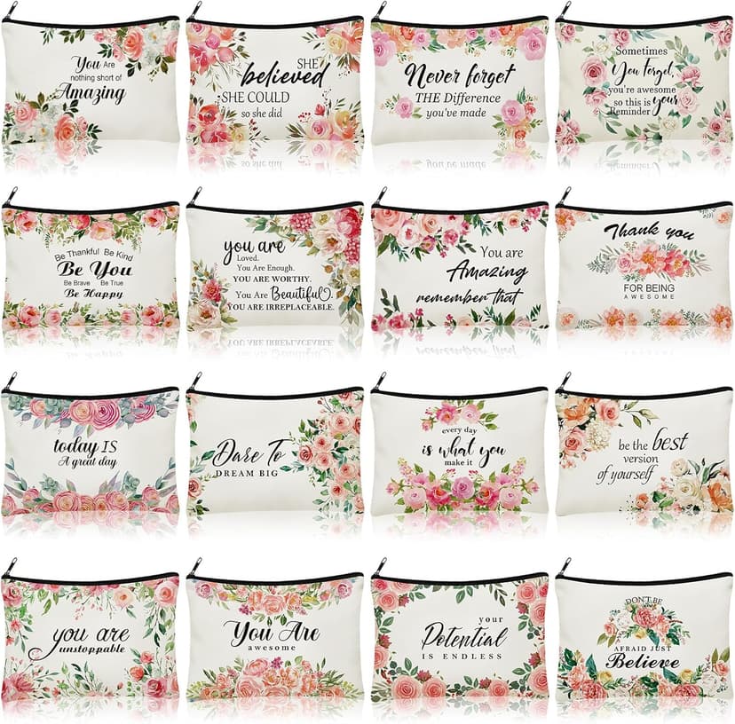 Pinkunn 16 Pcs Canvas Makeup Bags Bulk Inspirational Gift Quotes Cosmetic Bags with Zipper Encouragement Travel Toiletry Pouch Appreciation Gift for Women Girls Birthday Party Favors(Flower)