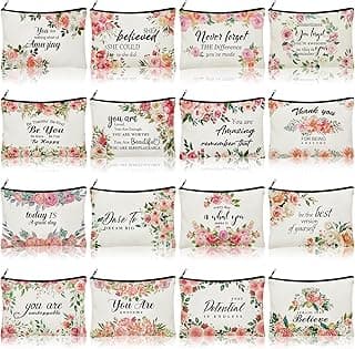 Pinkunn 16 Pcs Canvas Makeup Bags Bulk Inspirational Gift Quotes Cosmetic Bags with Zipper Encouragement Travel Toiletry Pouch Appreciation Gift for Women Girls Birthday Party Favors(Flower)