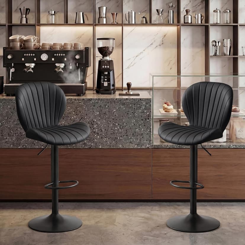 GRUSIGN Bar Stools Set of 2, Modern Swivel Adjustable Bar Chairs, Faux Leather Upholstered Counter Height Bar Stools with Backrest, Comfort Barstools for Kitchen Island, Home Bar, Black