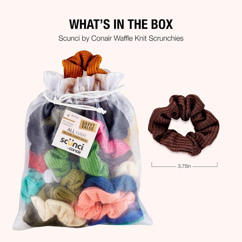 Machine-washable cotton-blend elastic hair ties for comfortable daily wear, wide assortment of colors to suit any look Scünci Hair Scrunchies, Waffle Knit Cotton, No-Damage, 36 Count B07S3KGBHL