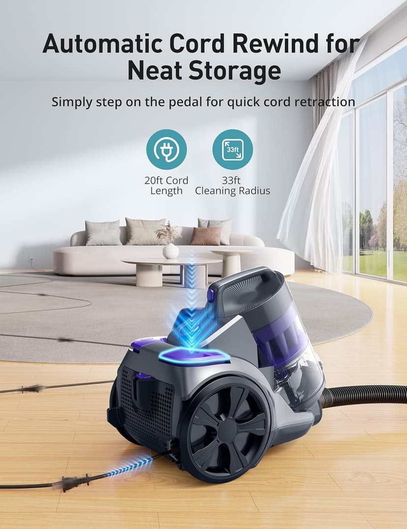 Aspiron 1700W Canister Vacuum Cleaner, 45Kpa Bagless Vacuum Cleaner, Multi-Cyclonic Filtration, 2 Anti-Allergen HEPA Filters, 3.5QT Dust Cup, 4 Tools, Corded Vacuum for Hard Floor, Pet Hair, Violet