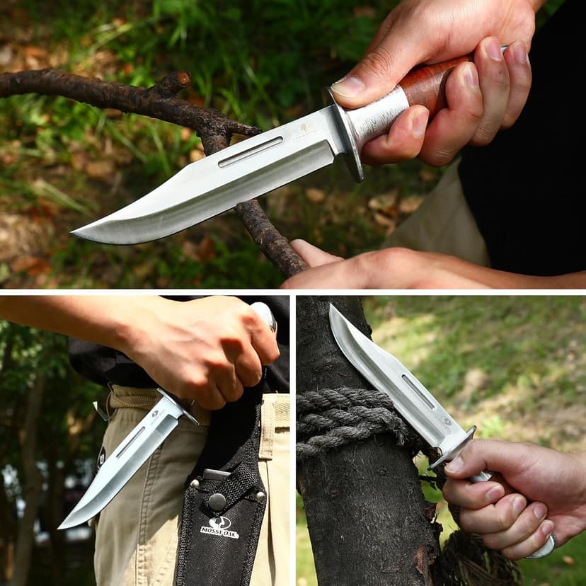 Mossy Oak Fixed Blade Bowie Knife, 2-piece Hunting Knife with Leather Handle Featuring Laser Pattern, Sheath Included