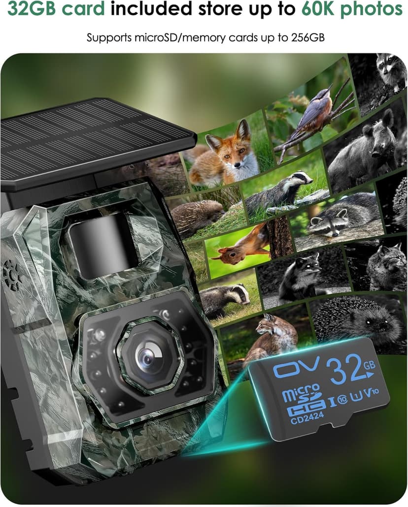 MAXDONE Solar Trail Camera WiFi Bluetooth - 4K 64MP Game Cameras with Night Vision Motion Activated IP66 Waterproof, with 5200mAh Battery and 32GB Memory Card Cameras for Outdoor and Backyard ﻿