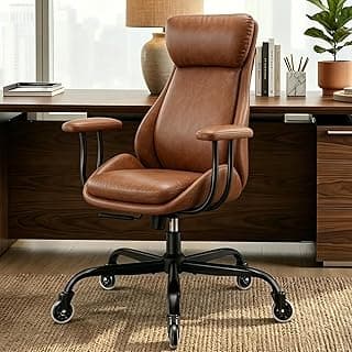 E-Motie Office Chair, Leather Desk Chair with Rubber Wheels, Ergonomic Computer Chair 500 LBS with Lumbar Support, High Back Executive Chair for Modern Home Office, Brown