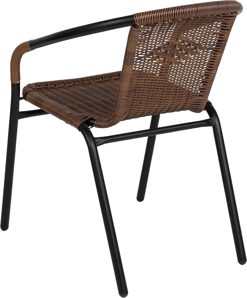 EMMA + OLIVER Set of 2 Modern Rattan Indoor/Outdoor Stack Chairs, Stacking Rattan Patio Chairs with Curved Back and Cross Bracing, Brown