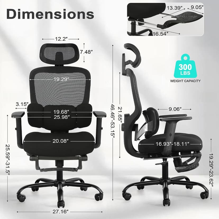 Ergonomic Office Chair with Footrest, Mesh Desk Chair with Adjustable Headrest & Armrests & Dynamic Floating Wing Lumbar Support, High Back Computer Chair for Home Office, BIFMA Certified, Black